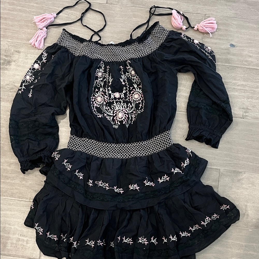 LOVE SHACK FANCY Black Embroidered Off-Shoulder Dress with Pink Accents